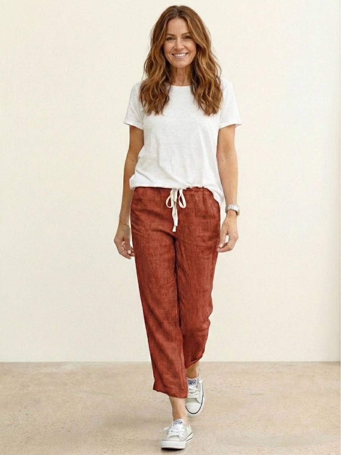 Jesie-London Emily women's casual slim fit pants with drawstring waist and relaxed straight-leg style.