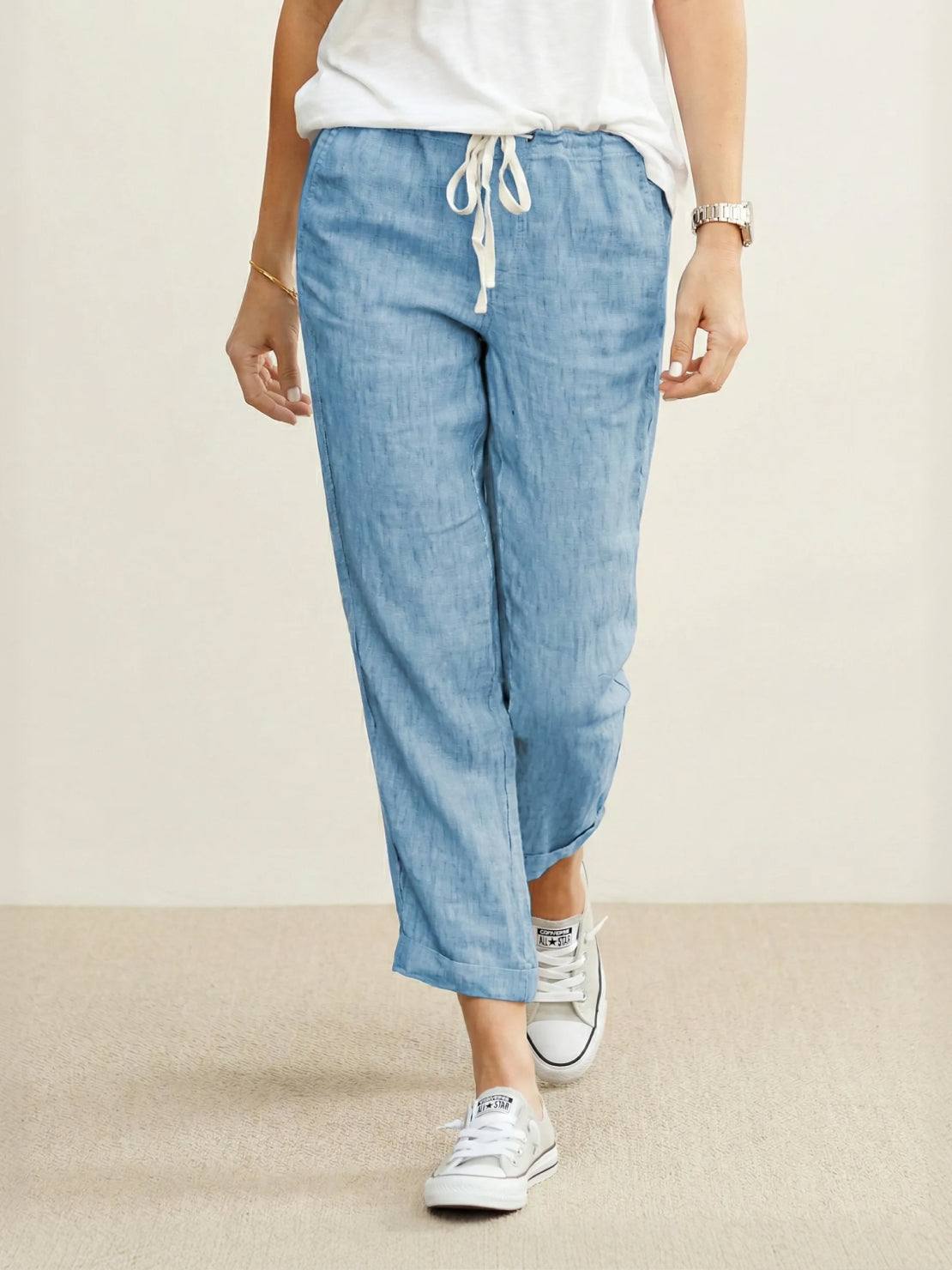 Emily women's casual slim fit pants with drawstring waist, relaxed straight-leg style, made by Jesie-London.