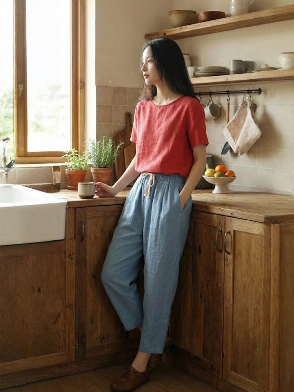 Emily women's casual slim fit pants by Jesie-London with drawstring waist and relaxed straight-leg style.
