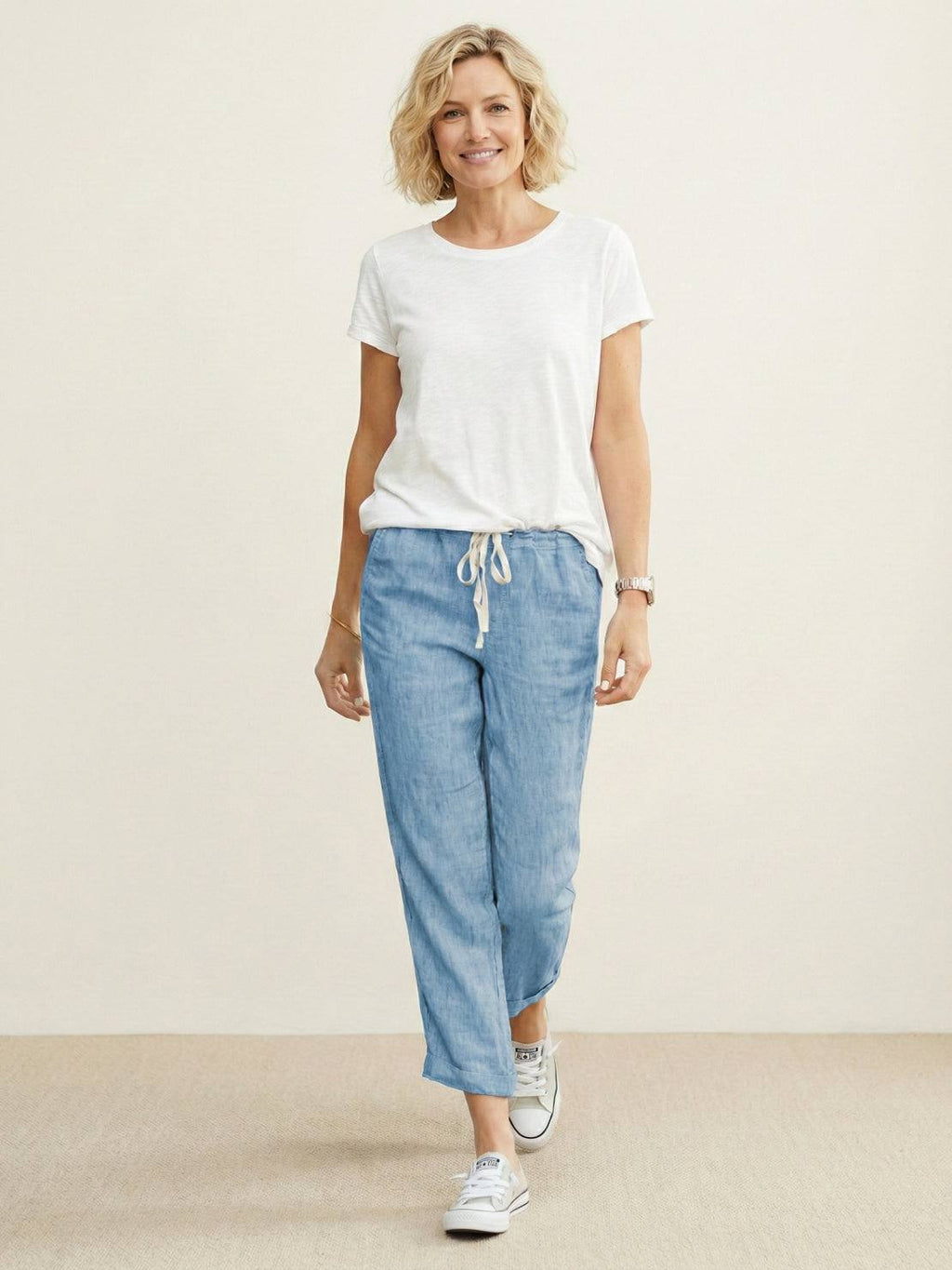 Jesie-London Emily women's casual slim fit pants with drawstring waist and relaxed straight-leg style, perfect for everyday wear.