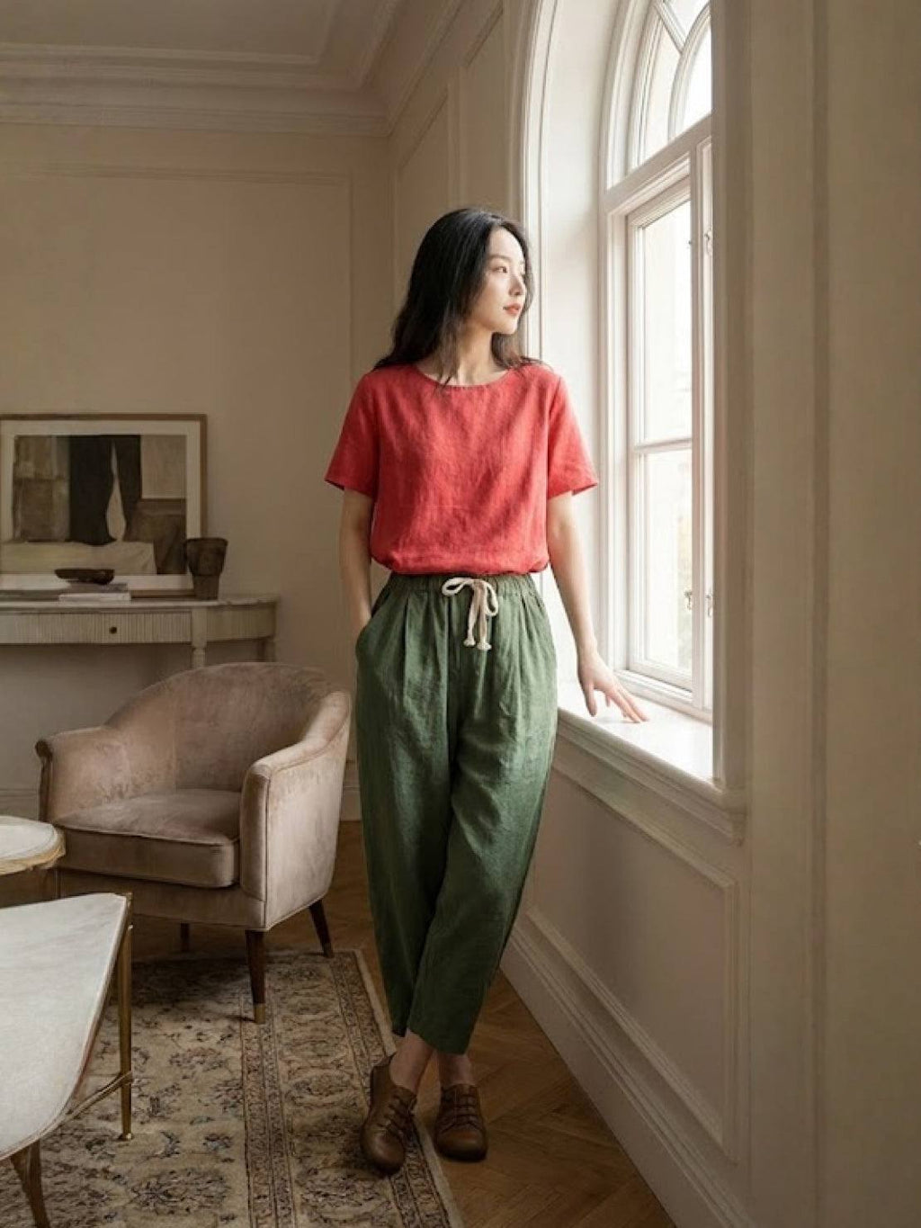 Jesie-London Emily women's casual slim fit pants with drawstring waist and relaxed straight-leg style, breezy and comfortable fit.