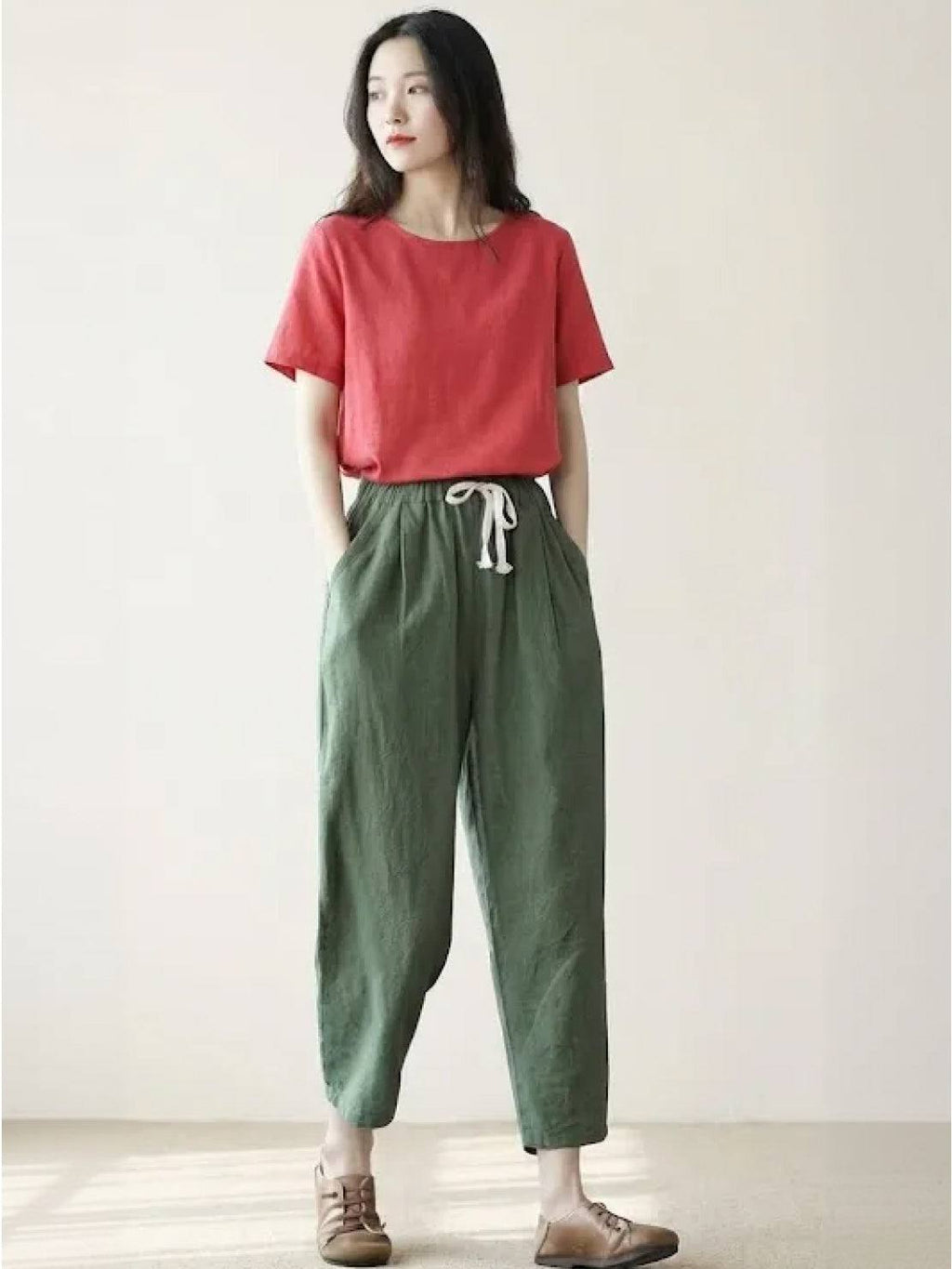 Jesie-London Emily women's casual slim fit pants with drawstring waist, relaxed straight-leg style, and breathable fabric.