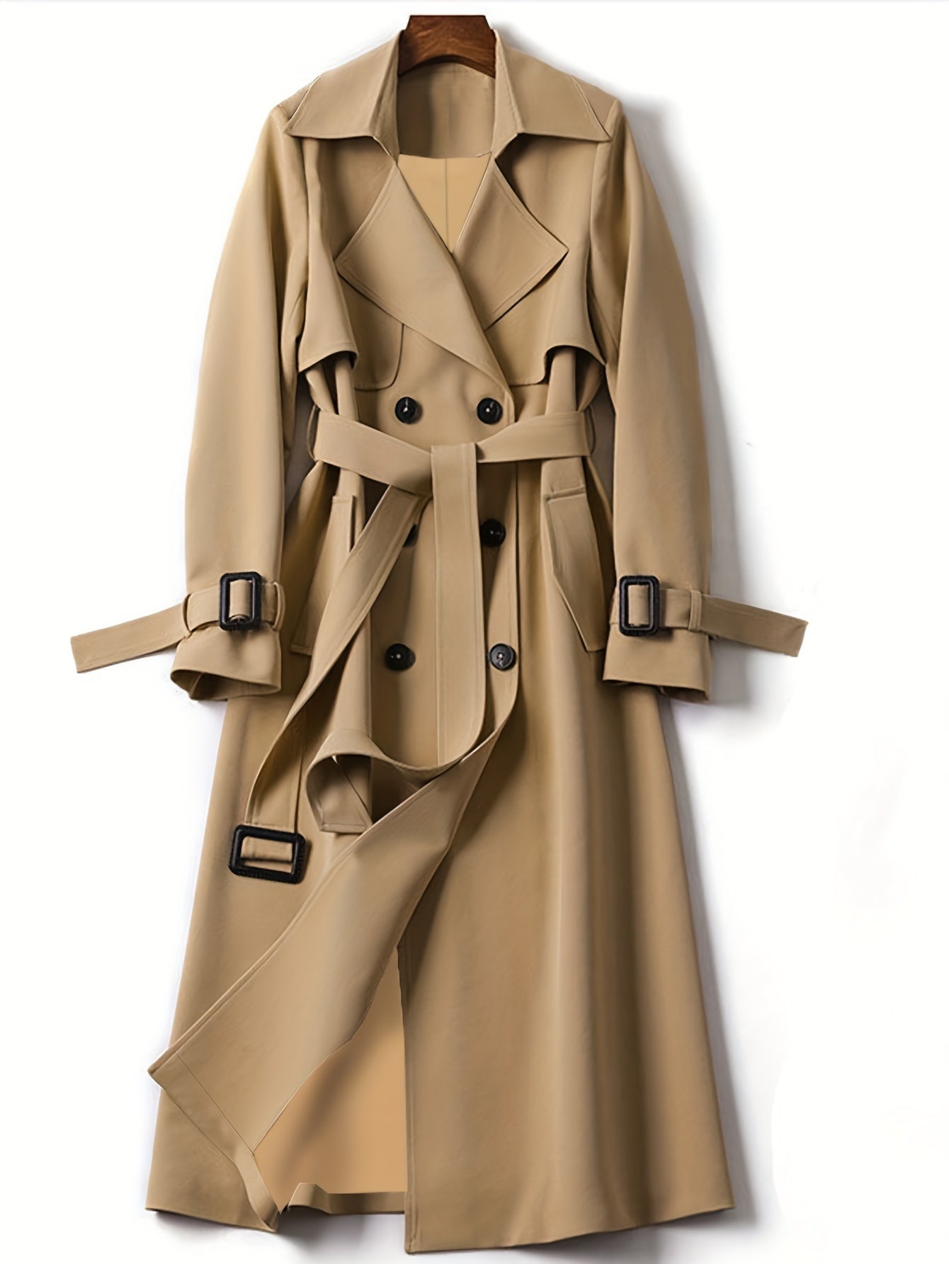 Jesie-London Hannah women's longline office trench coat, elegant and tailored, shown hanging with its classic style and neutral color.