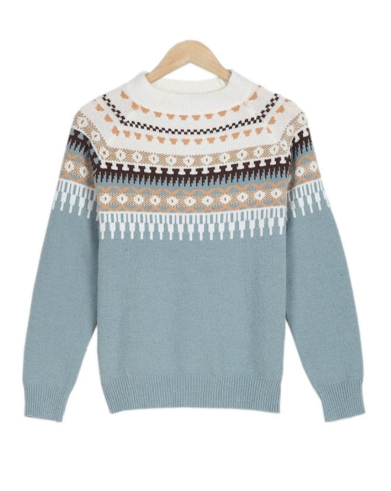 Women’s spring pattern crewneck sweater by Jesie-London, featuring colorful floral design and comfortable fit.