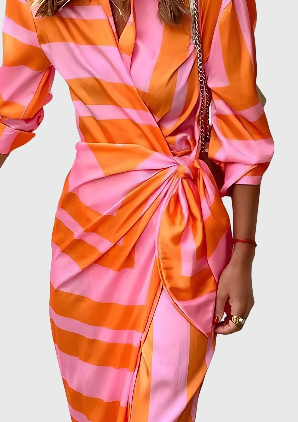 Emma women's striped wrap midi dress by Jesie-London, showcasing its stylish design and flattering fit.