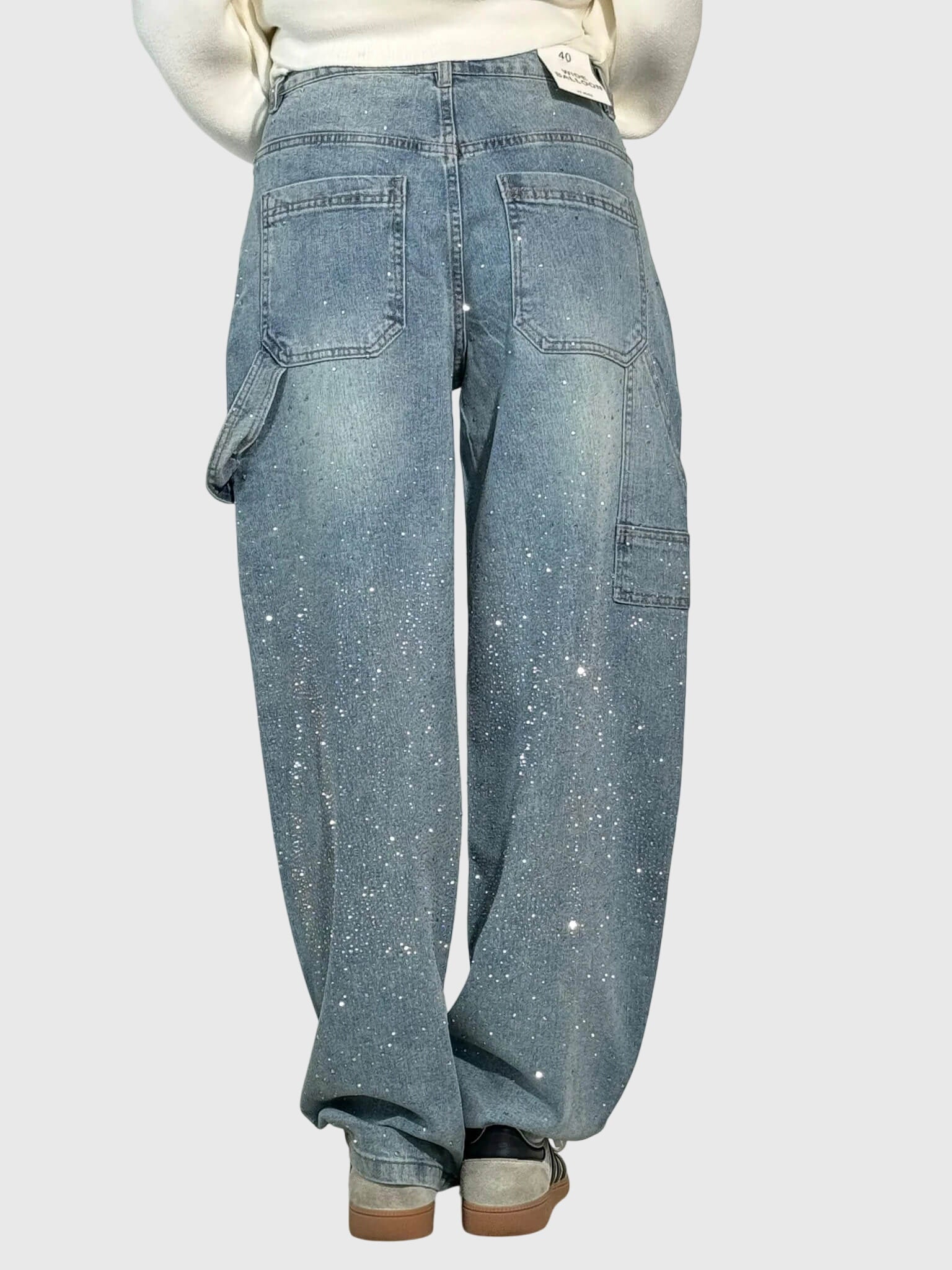 Women’s sparkle diamond denim pants by Jesie-London featuring shimmering embellishments and classic five-pocket style.