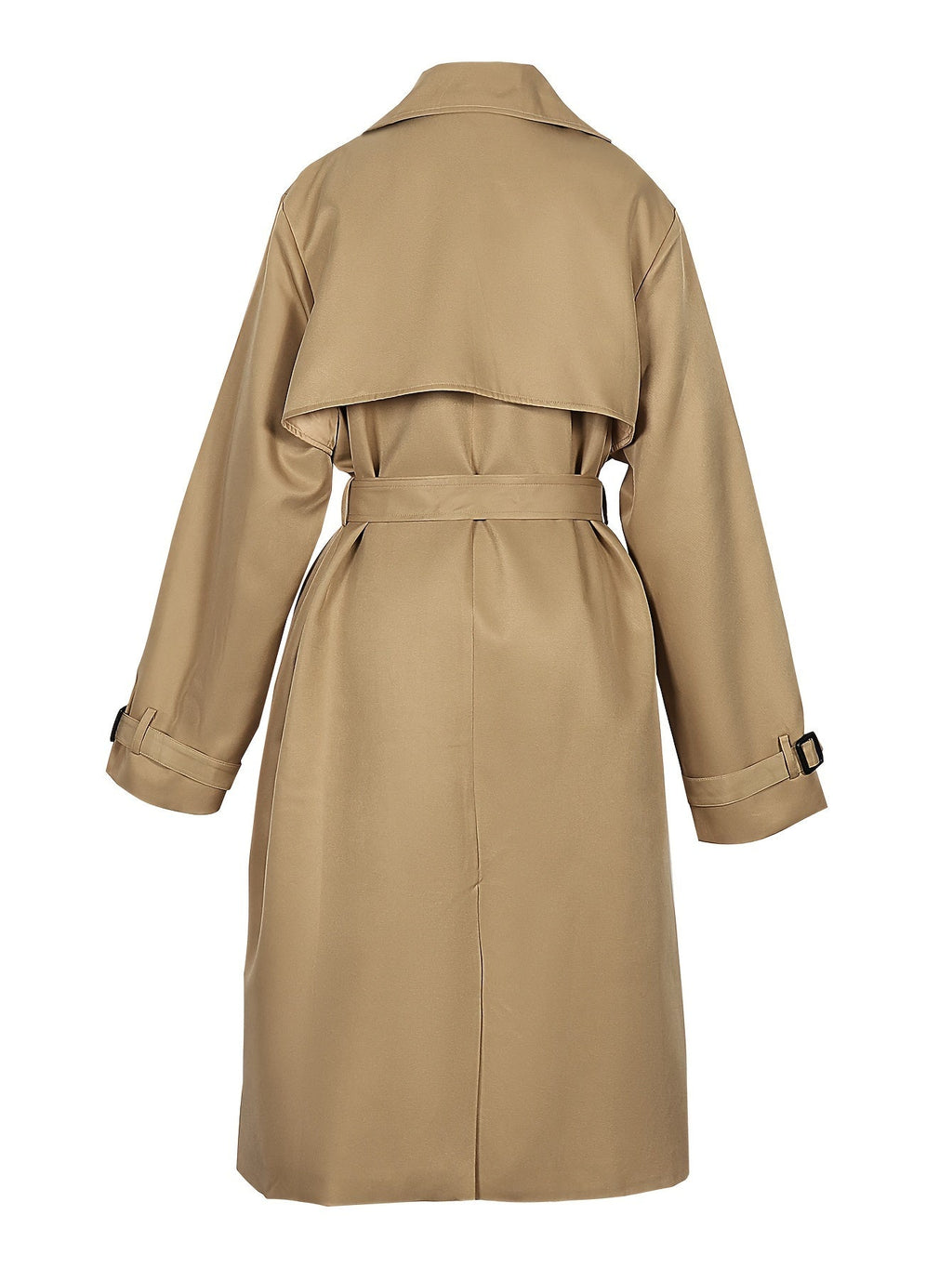 Women’s longline office trench coat by Jesie-London, elegant and tailored, shown in a classic beige color.