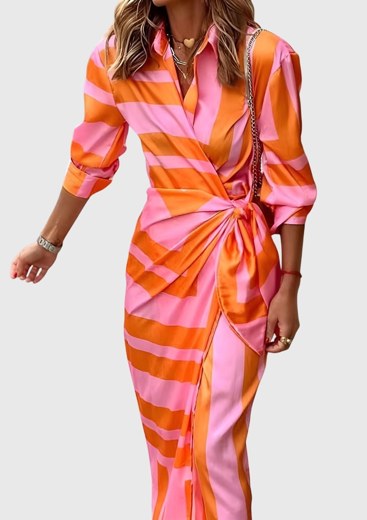 Emma women's striped wrap midi dress by Jesie-London, featuring a stylish wrap design and bold vertical stripe pattern.