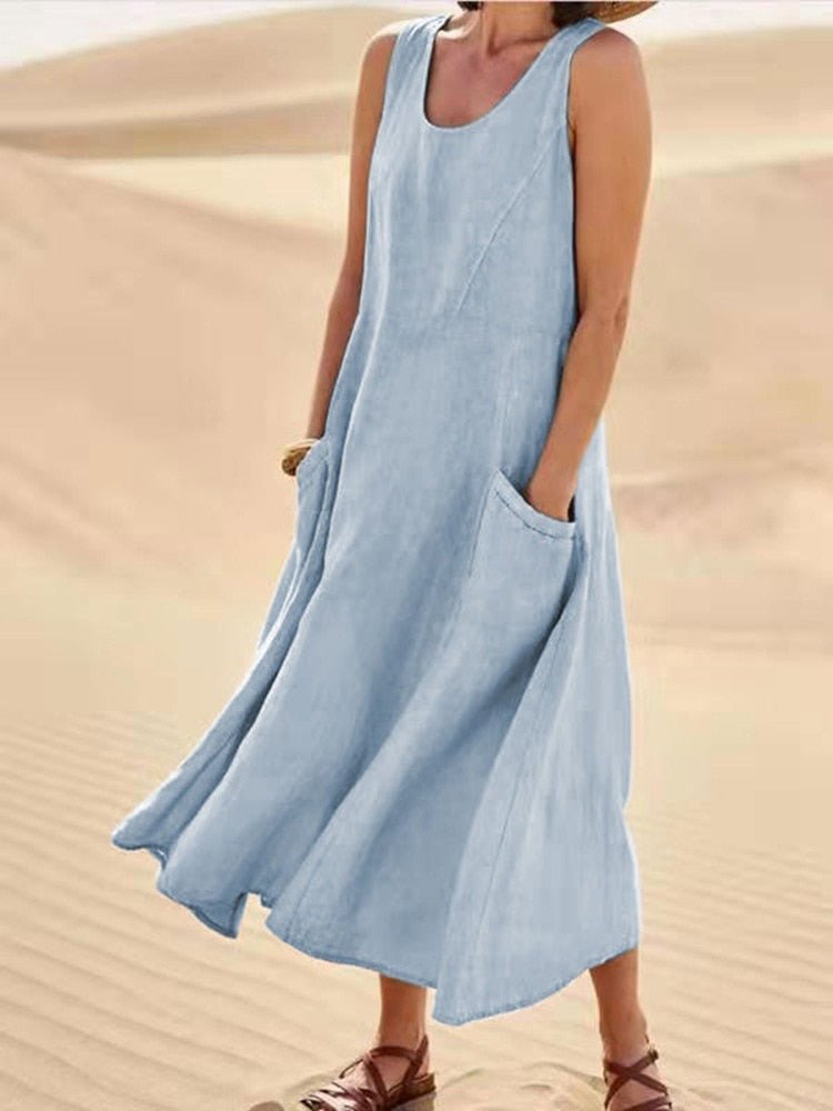 Ella women's sleeveless pocket maxi casual dress by Jesie-London, featuring lightweight linen fabric and a relaxed fit.