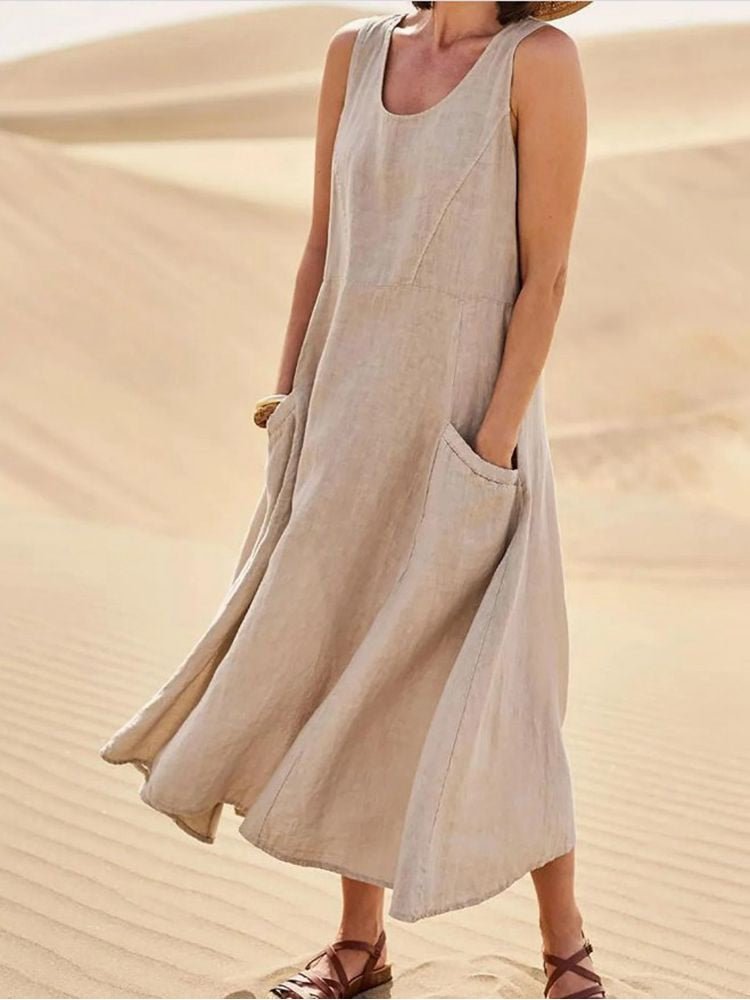 Light and airy linen sleeveless maxi dress for women featuring pockets, by Jesie-London, perfect for casual summer wear.