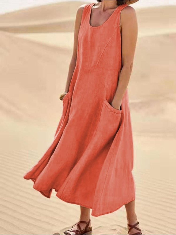 Jesie-London Ella women's sleeveless pocket maxi casual dress made of lightweight linen fabric, perfect for warm weather.