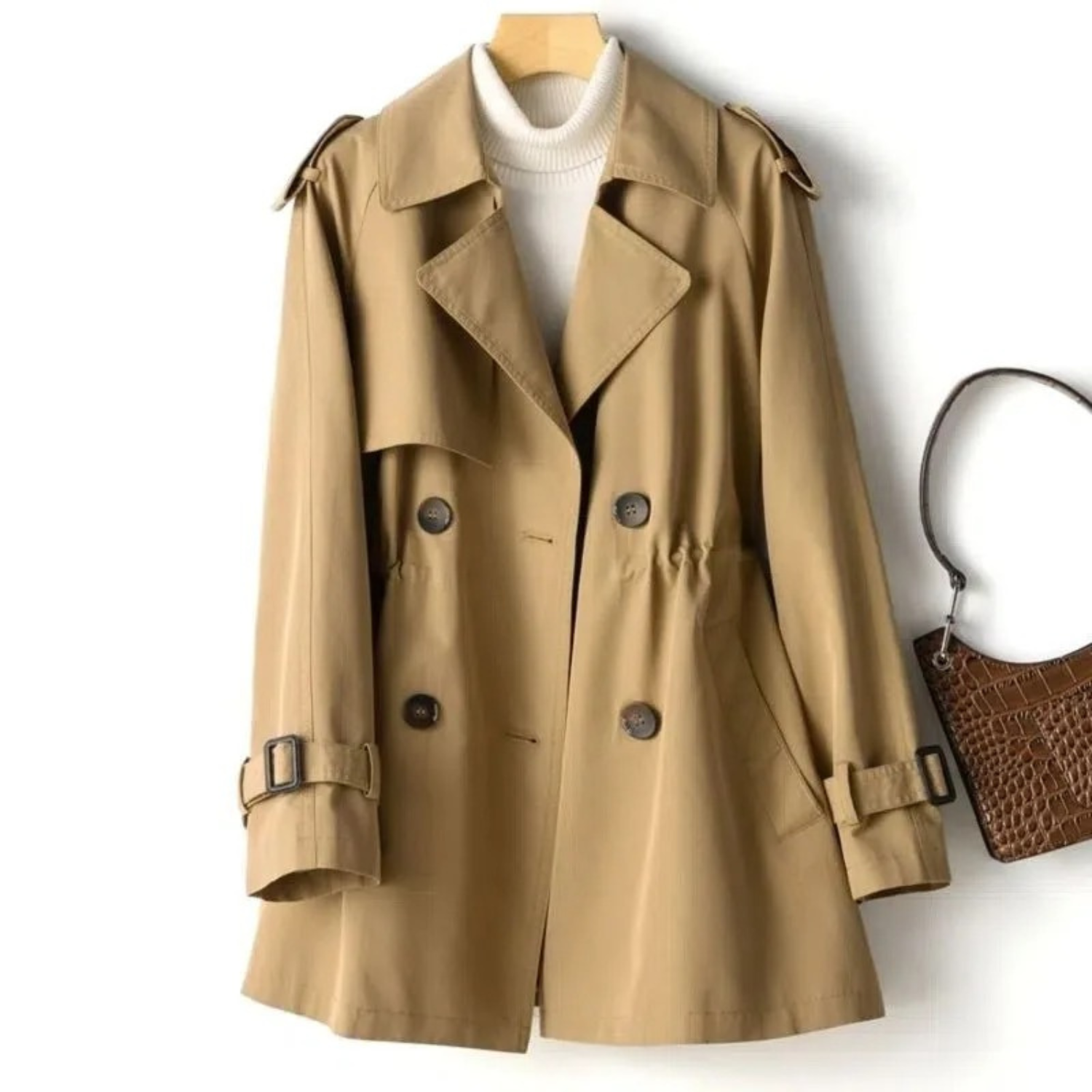 Beige women's long double-breasted trench coat by Jesie-London, front view showing classic collar and belt detail.