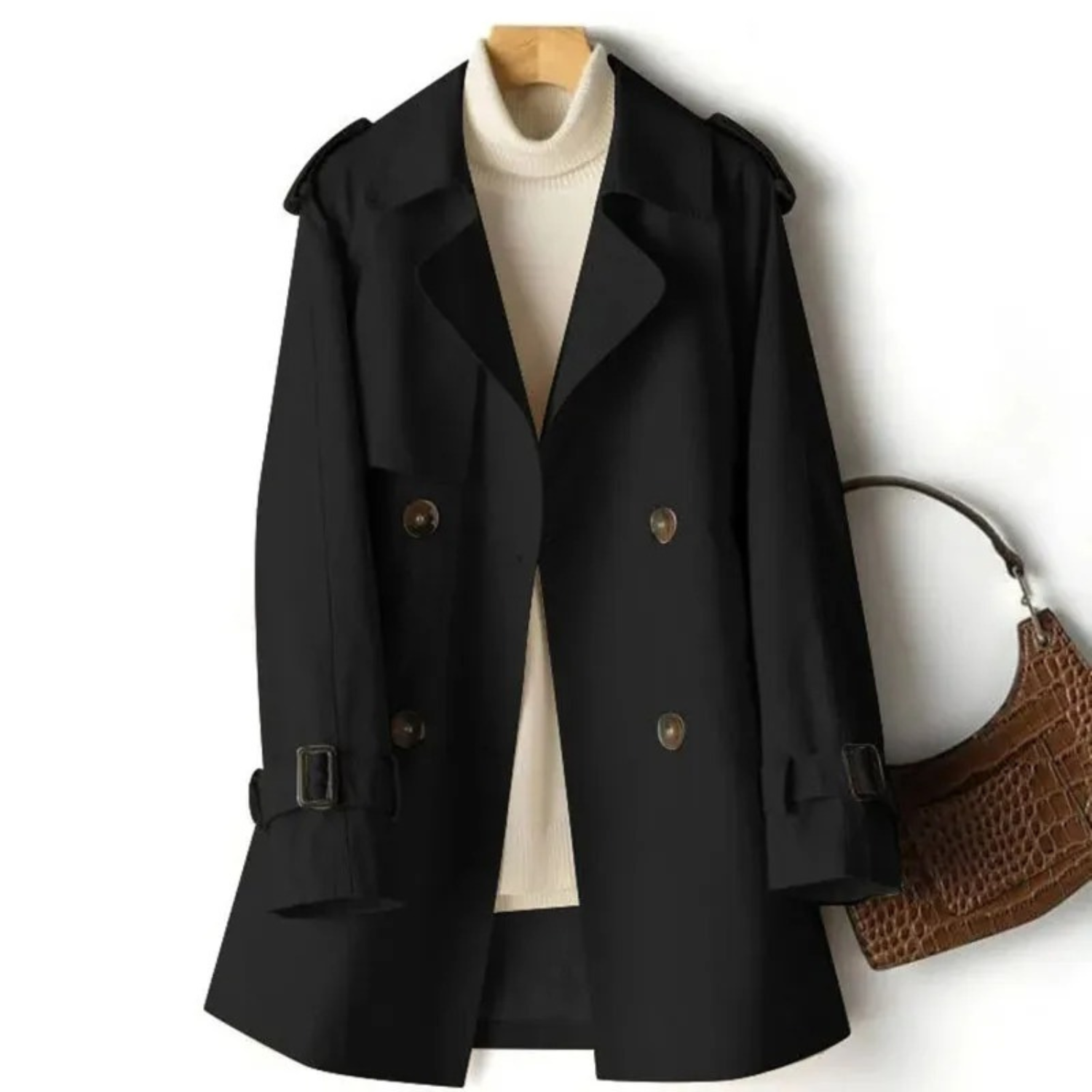 Women’s black long double-breasted trench coat by Jesie-London, front view featuring classic style and tailored fit.