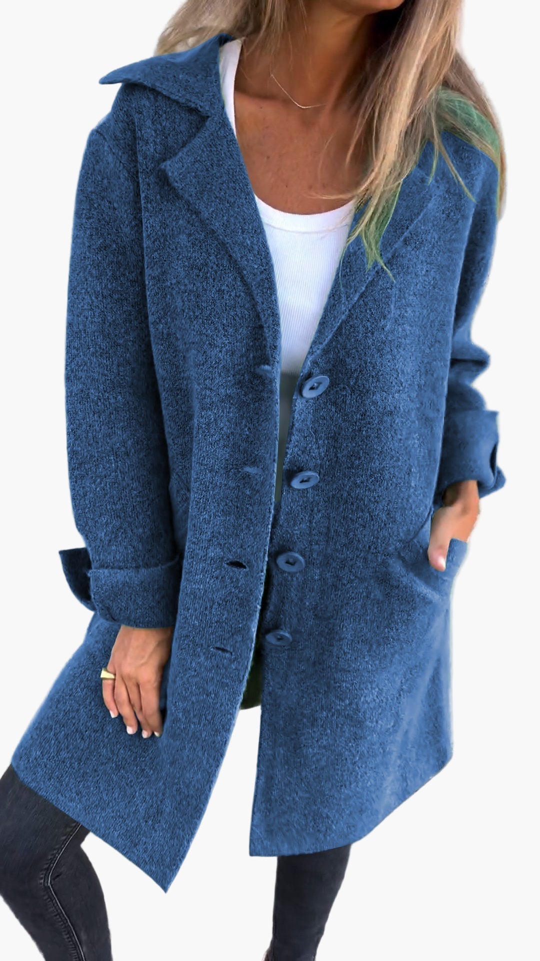 Jesie-London Lauren women's cozy oversized button-down trench coat displayed on a model, showcasing its relaxed fit and classic style.