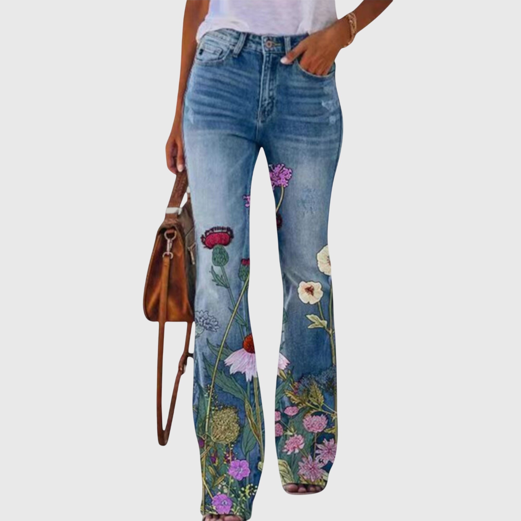 Laura women's floral printed skinny jeans by Jesie-London, showcasing a fitted silhouette with vibrant floral pattern.