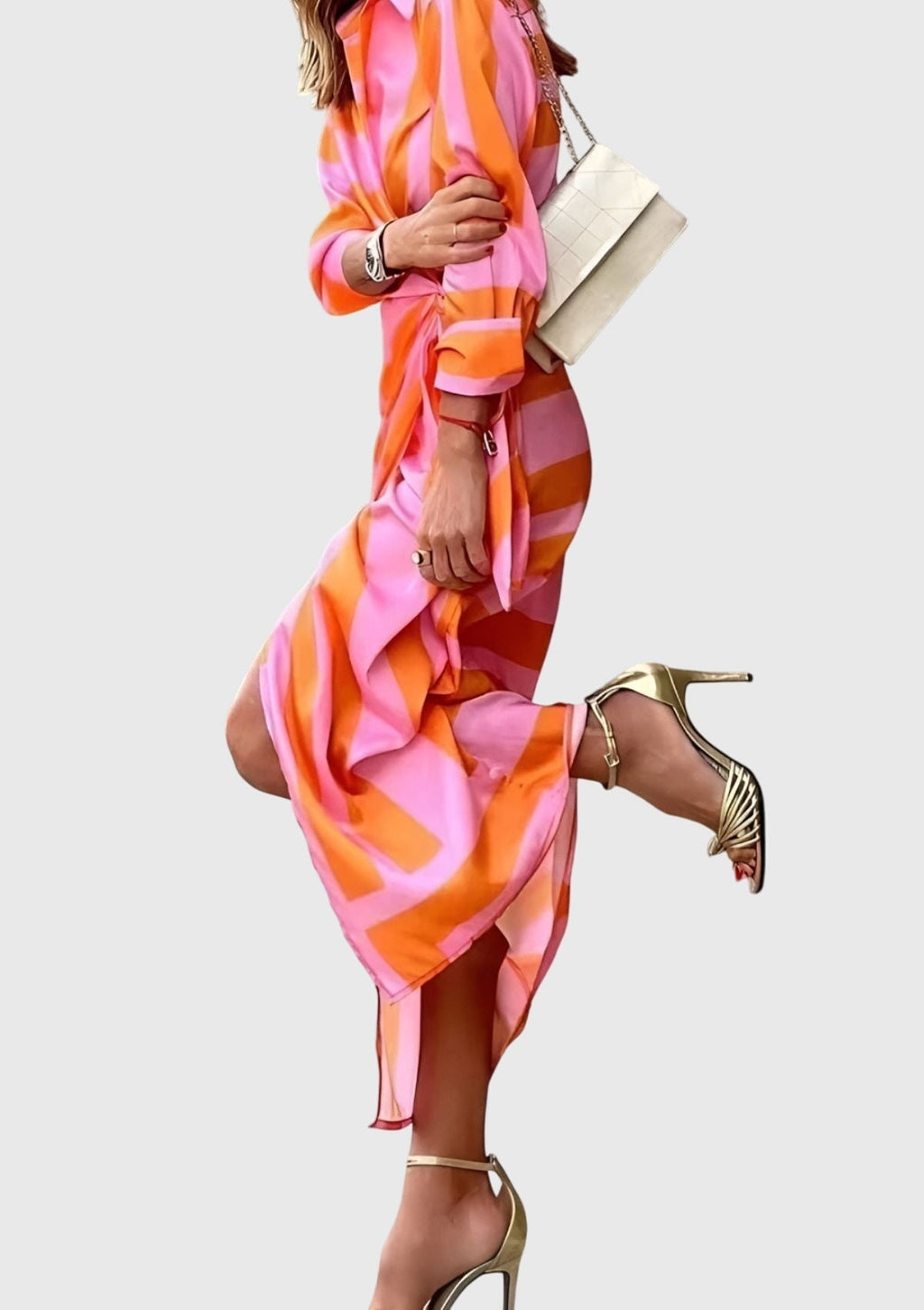 Emma women's striped wrap midi dress by Jesie-London, showing a stylish mid-length dress with bold horizontal stripes.