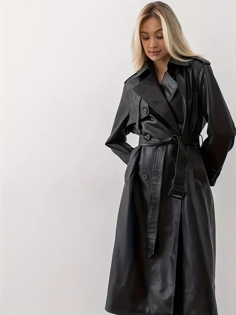 Women’s double-breasted Jesie-London Madeline trench coat in beige, featuring classic lapels and a tailored fit.