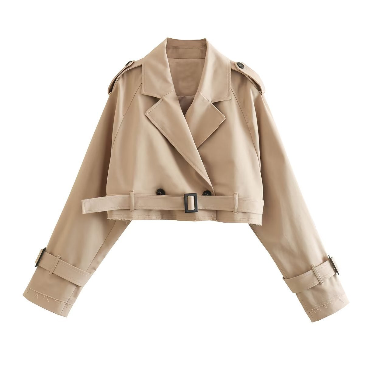Jessica women's stylish short double-breasted trench coat by Jesie-London, shown in a sleek design with classic lapels and belt.