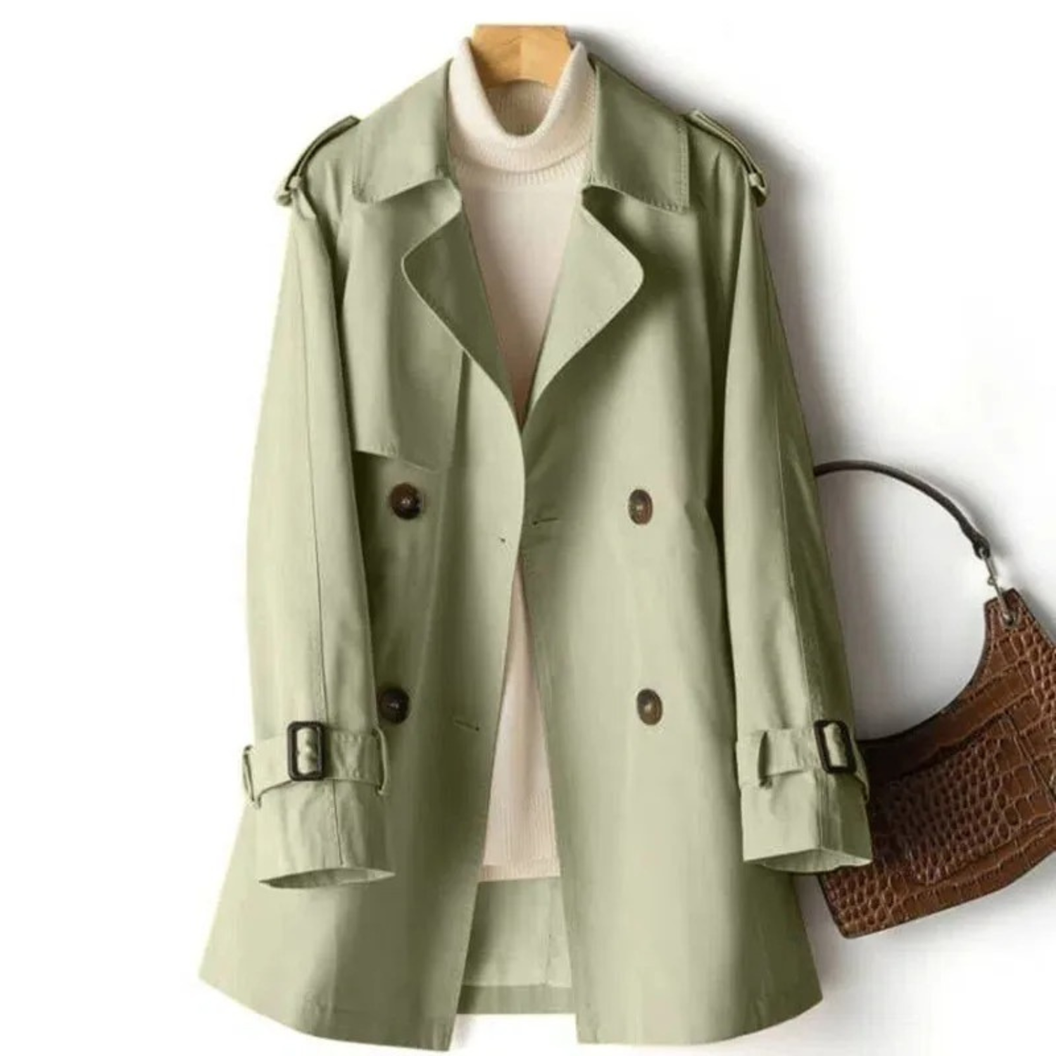 Women’s long double-breasted trench coat by Jesie-London, featuring floral pattern, button details, and classic silhouette.