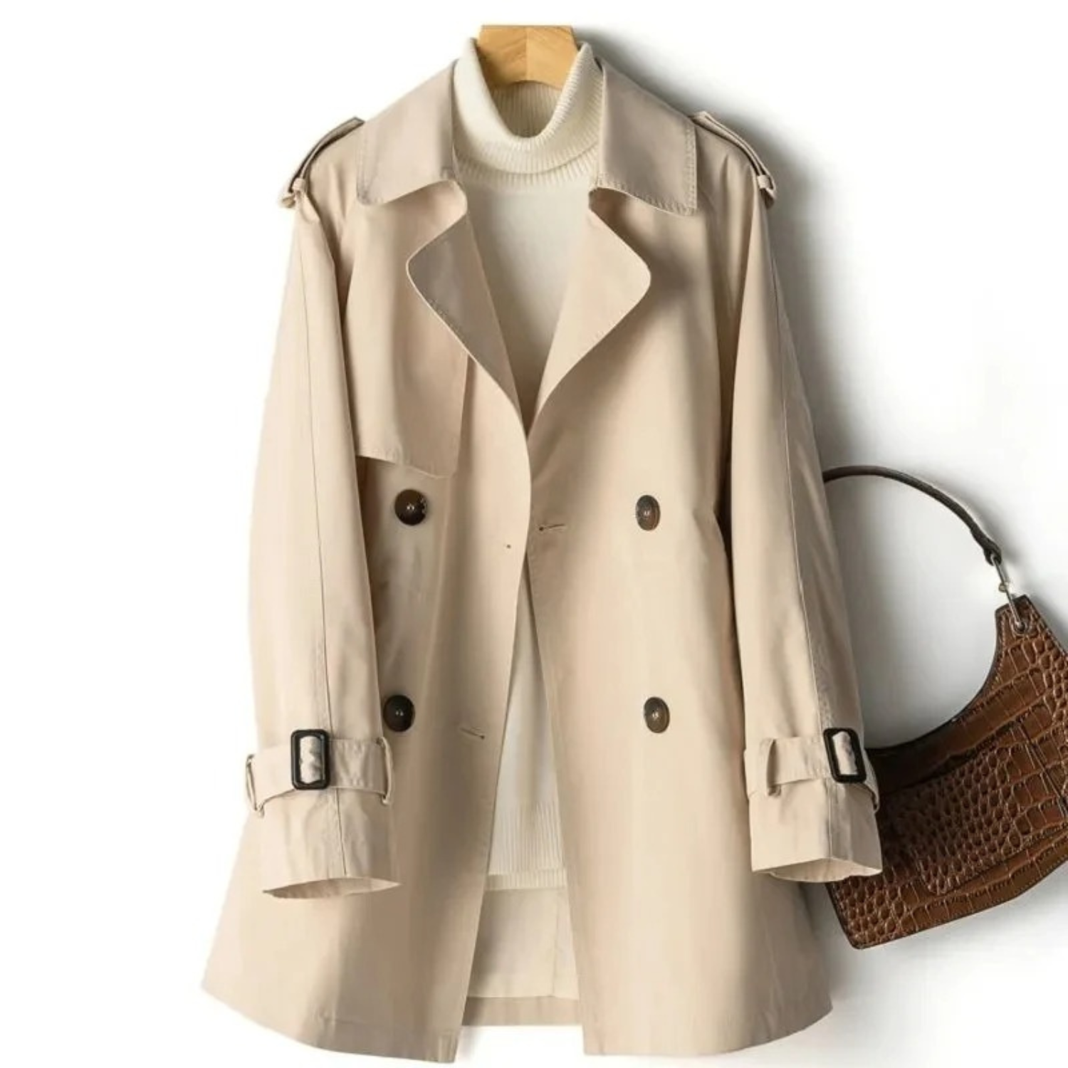 Women’s long double-breasted trench coat by Jesie-London featuring floral pattern, front view, stylish and elegant outerwear for women.