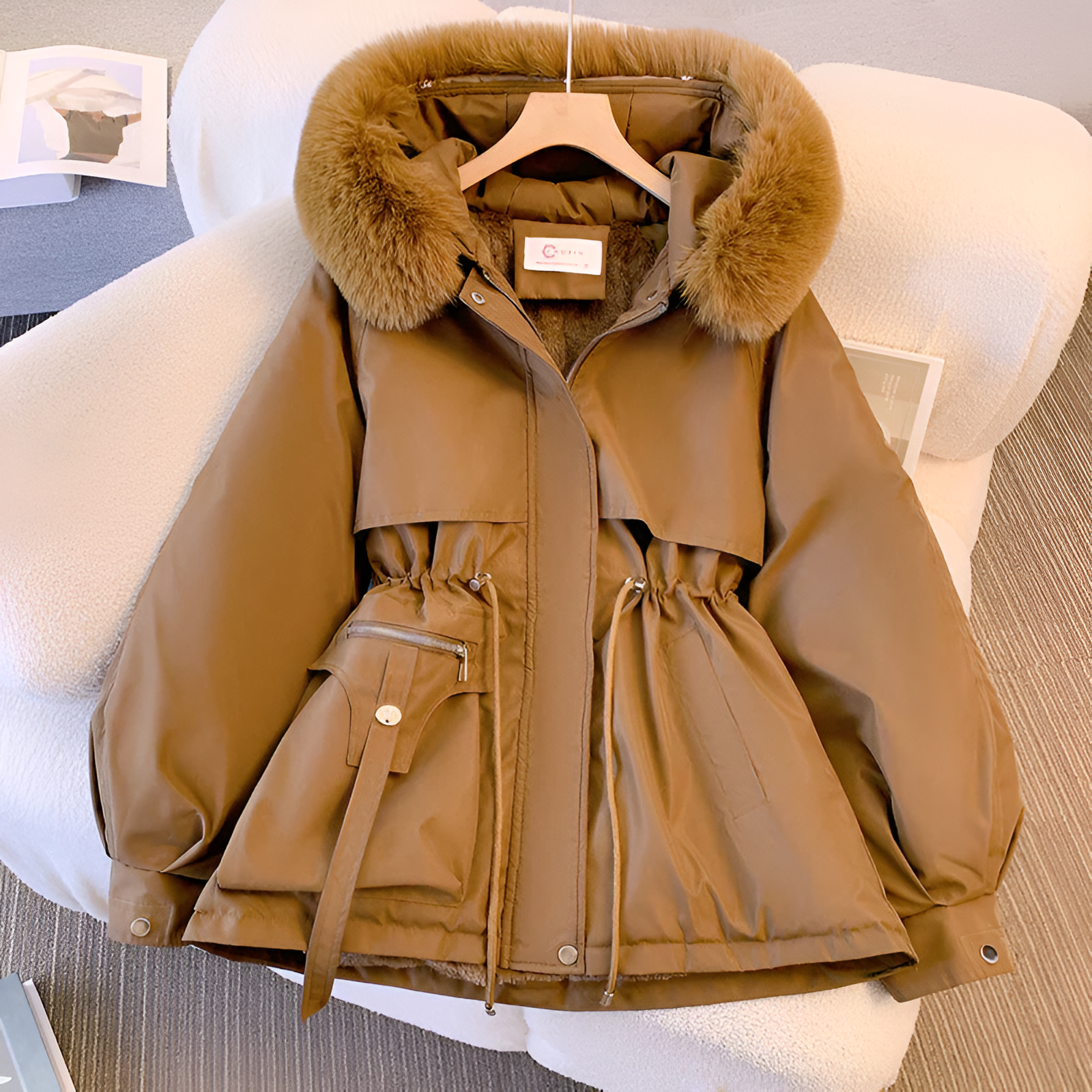 Rachel women's casual winter coat with drawstring waist from Jesie-London, featuring a cozy, stylish design for cold weather.