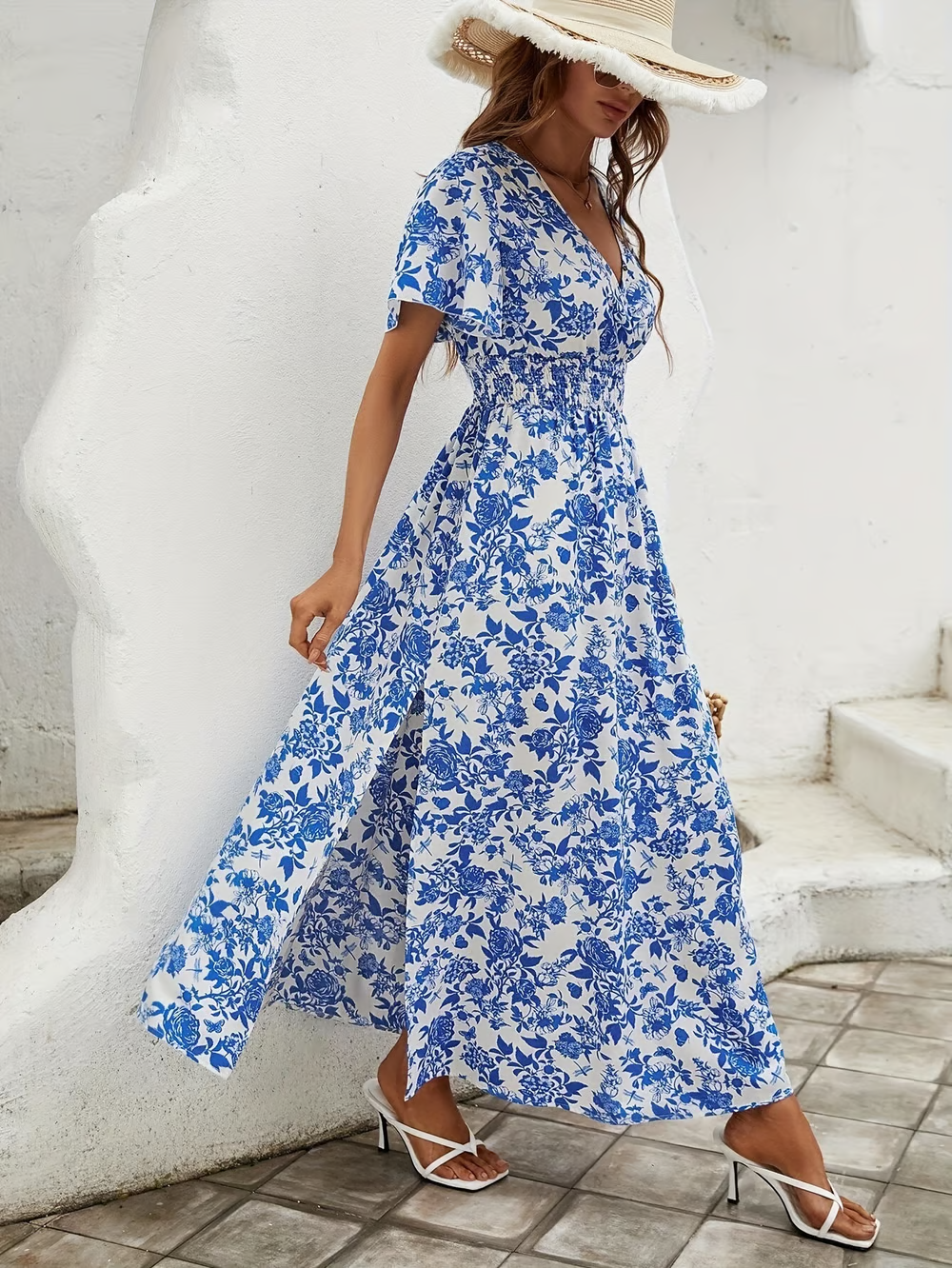 Jesie-London Bianca women's boho printed V-neck short sleeve maxi dress, flowy and stylish, perfect for casual summer wear.