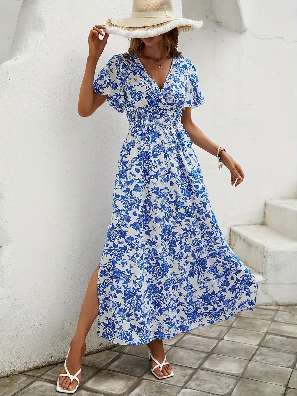 Jesie-London Bianca women's boho printed V-neck short sleeve maxi dress displayed on a hanger.