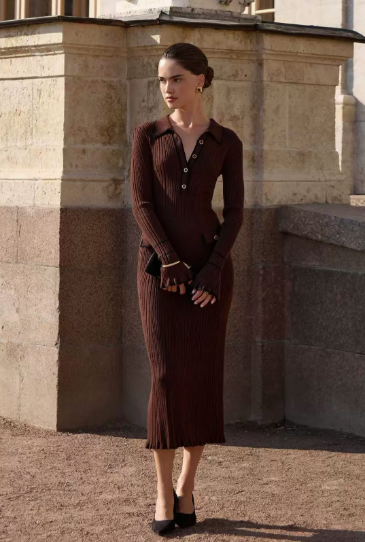 Womens ribbed knit midi dress with button front in black, designed by Jesie-London, featuring a fitted silhouette and long sleeves.