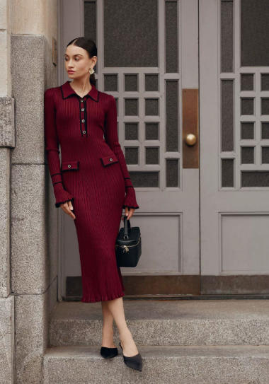Jesie-London Eva women's ribbed knit midi dress with button front, stylish and comfortable for casual or dressy occasions.