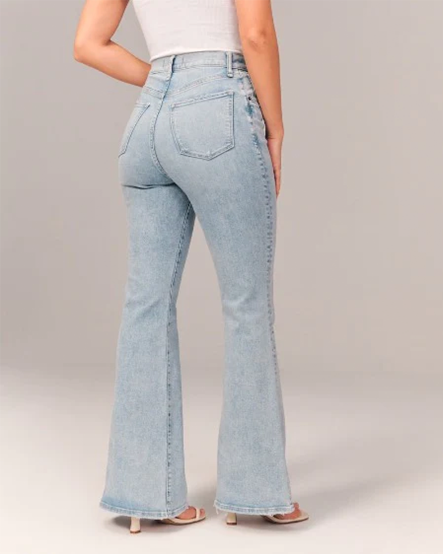 Jesie-London women's high-waisted flared denim jeans featuring a classic blue wash and fitted waistband.