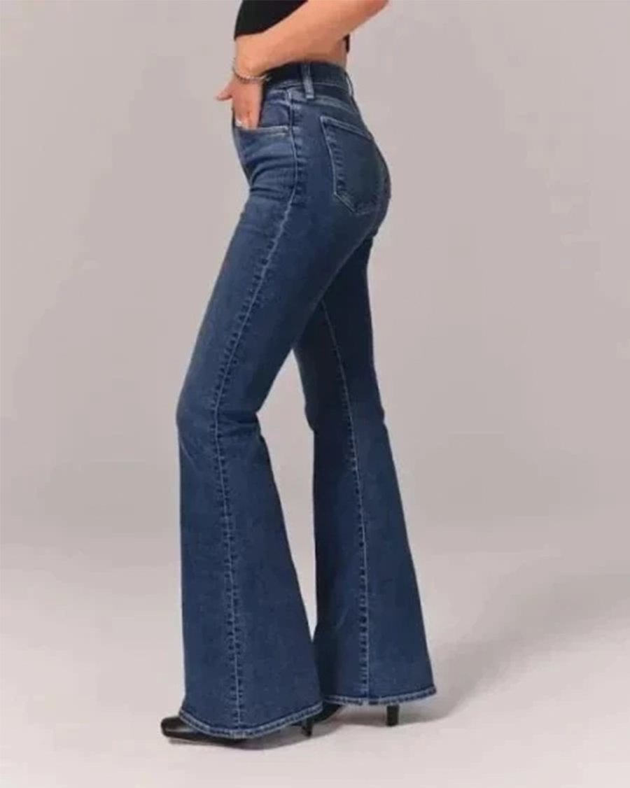 Jesie-London women's flared high-waisted denim jeans with classic blue wash and stylish fit, perfect for casual and trendy outfits.