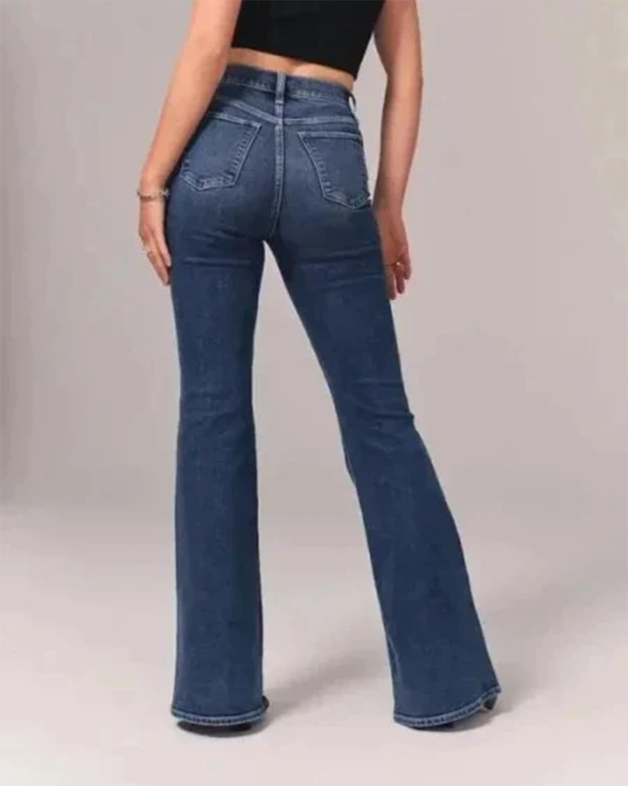 Dark blue women's flared high-waisted denim jeans by Jesie-London, styled with a classic fit and wide flare at the hem.