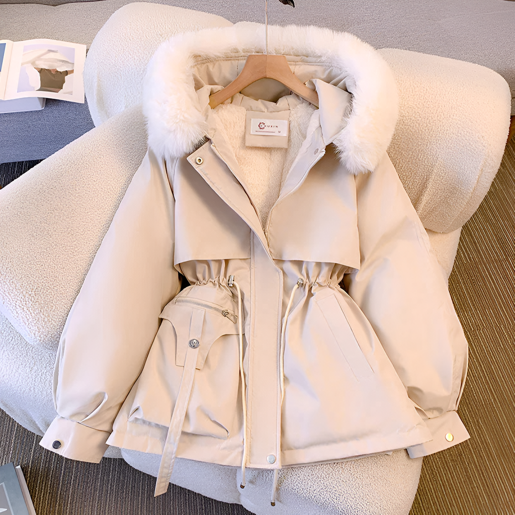 Rachel women's casual winter coat with drawstring waist by Jesie-London, featuring a warm, stylish design for cold weather.