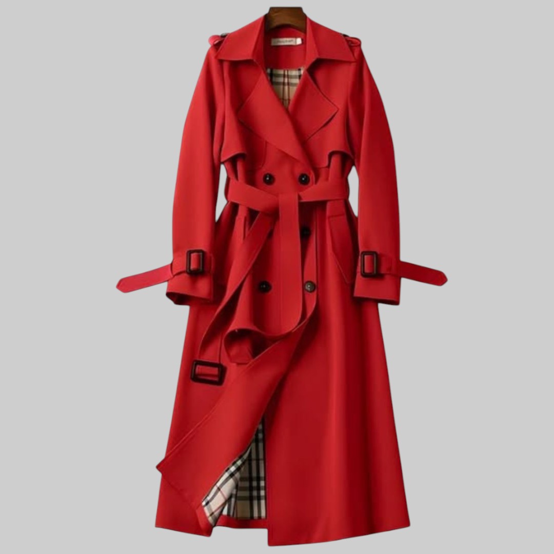Jesie-London Emily women's belted double-breasted long trench coat displayed on a model, featuring a classic design and tailored fit.