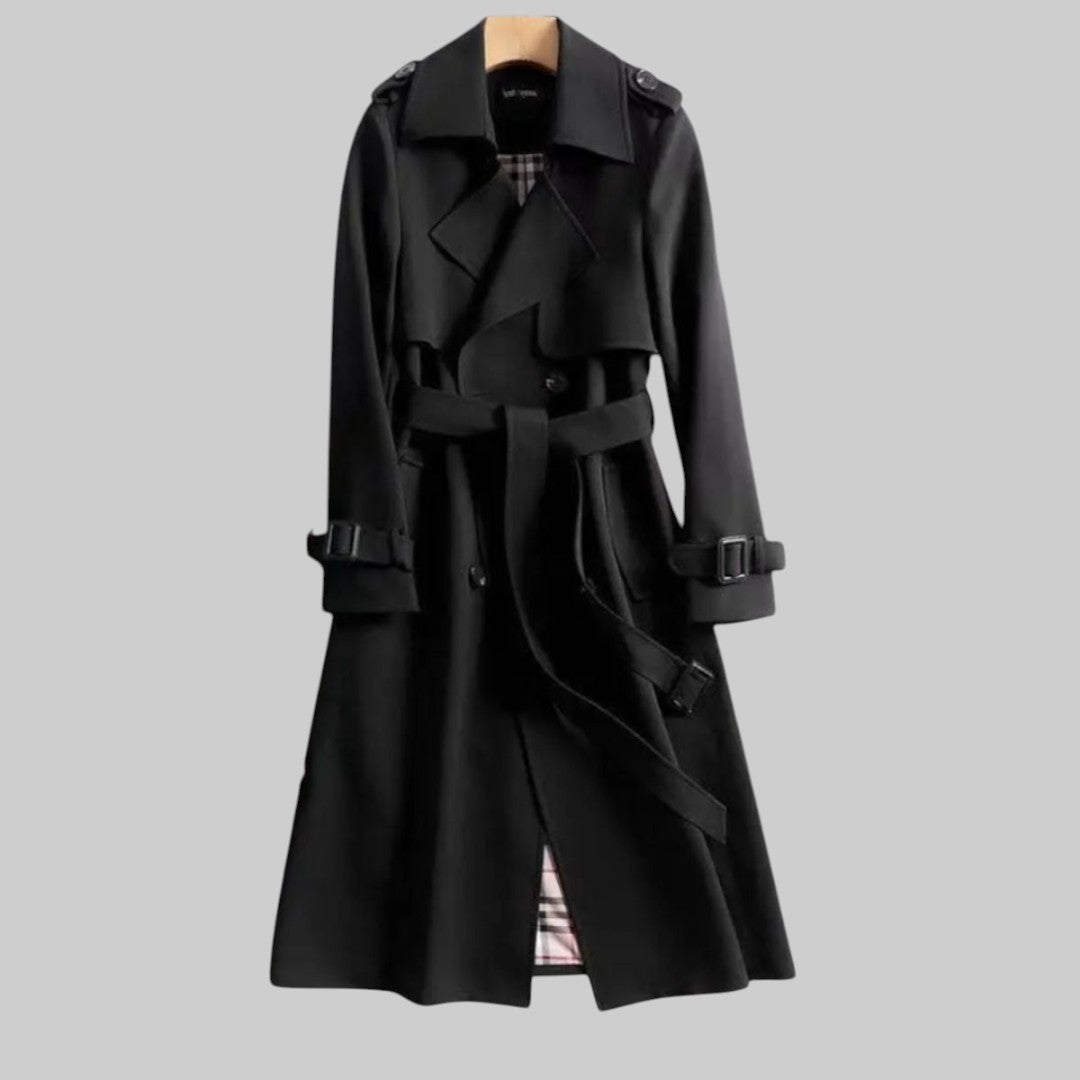 Women’s long belted double-breasted trench coat by Jesie-London, featuring a stylish design in Jakarta5 fabric.