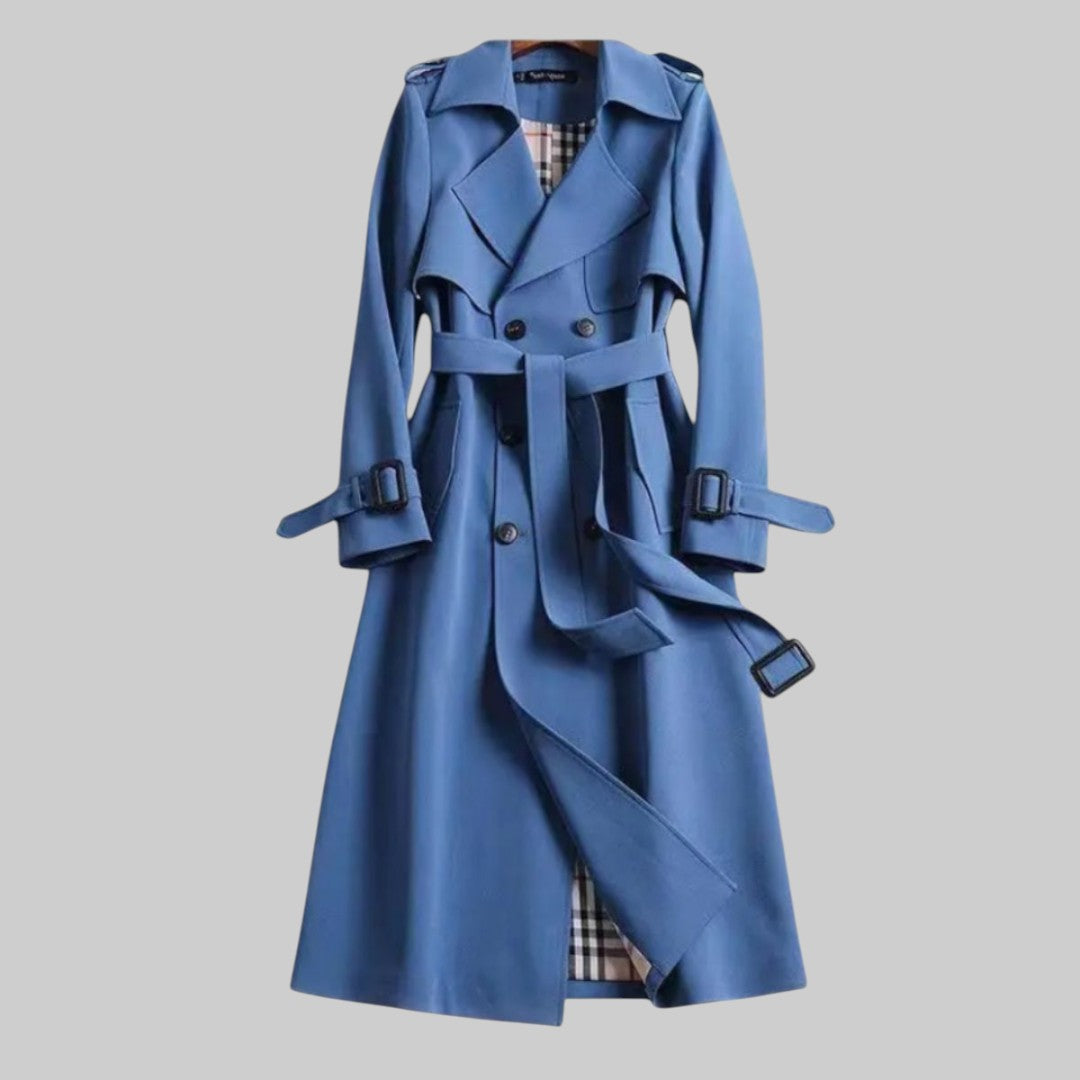 Jesie-London Emily women's belted double-breasted long trench coat displayed on a model, showcasing stylish outerwear with a classic design.