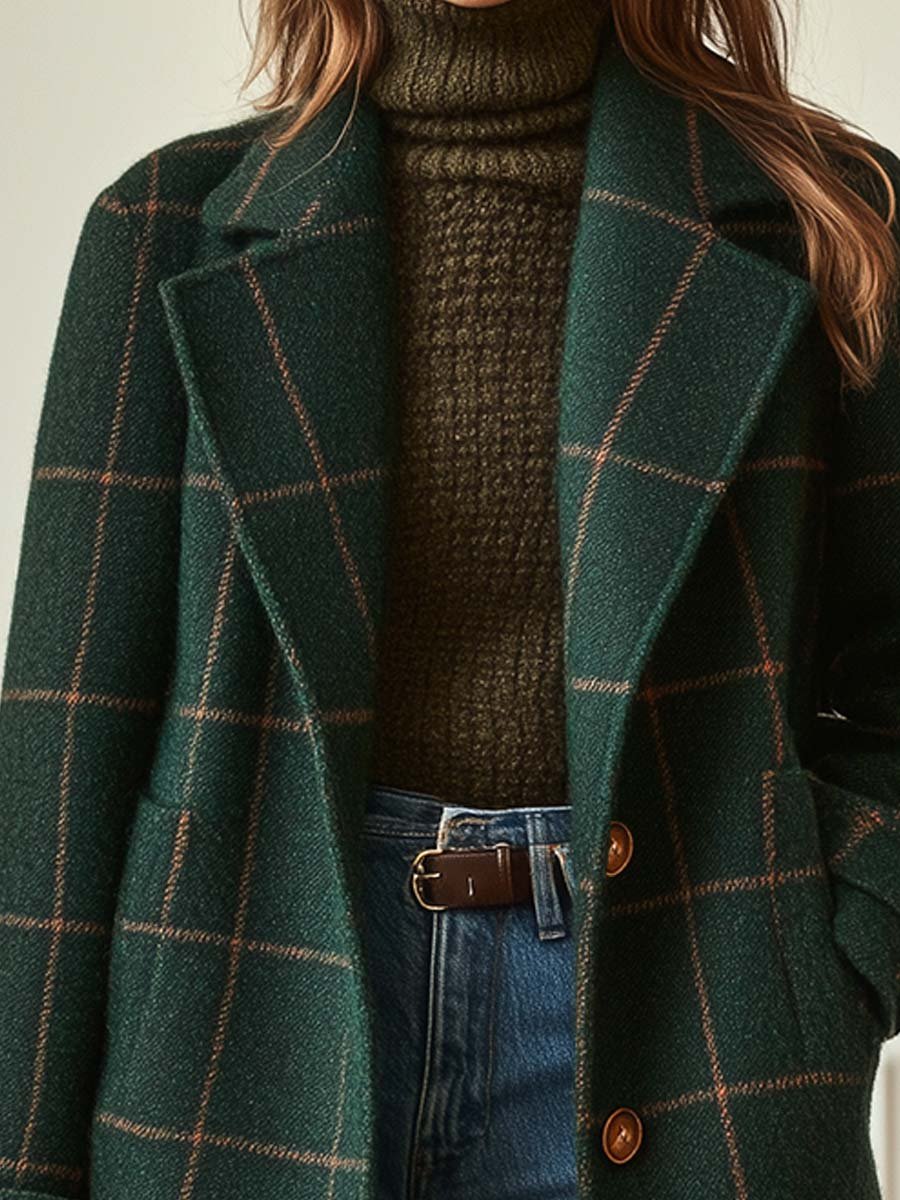 Jessica women's plaid button-front coat by Jesie-London, showing the stylish plaid pattern and front buttons in a close-up view.