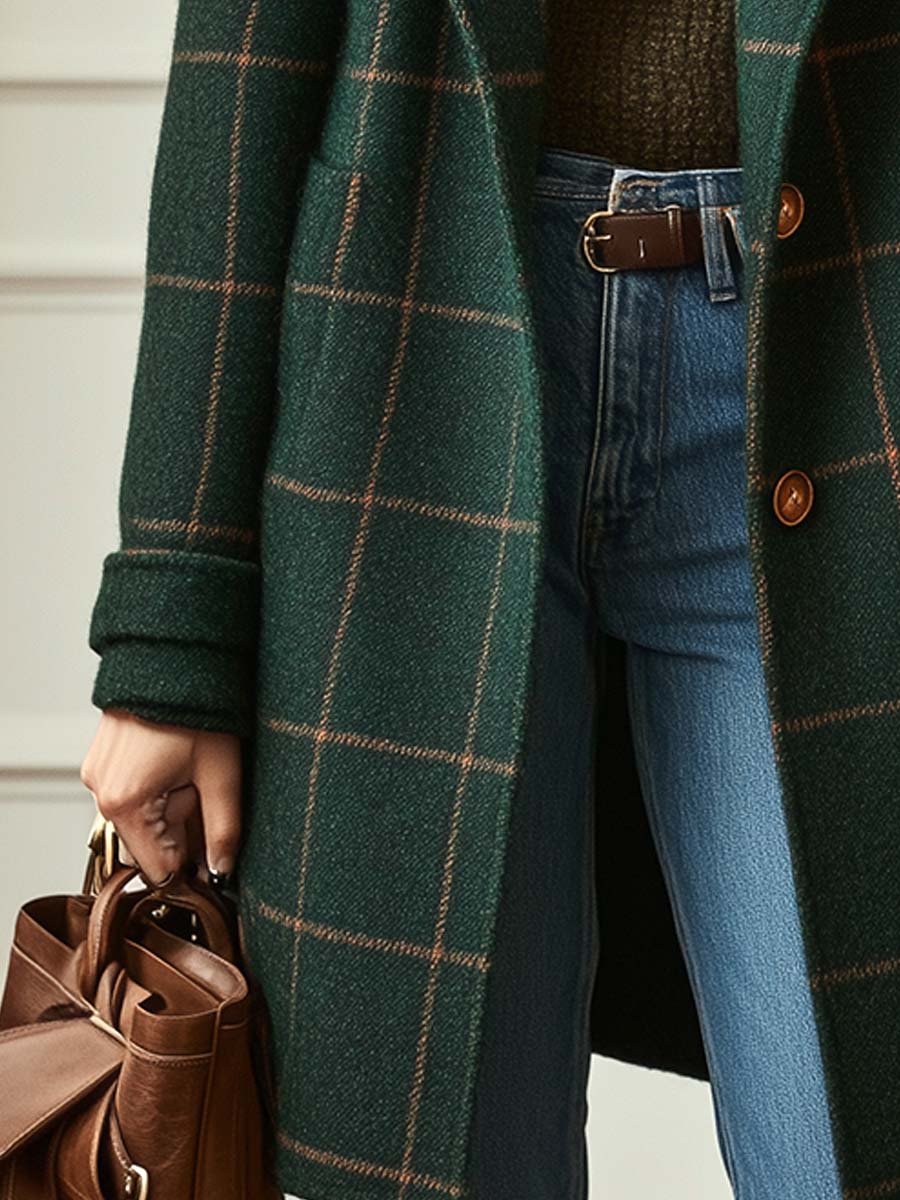 Jessica women's plaid button-front coat by Jesie-London, shown in a stylish checkered pattern with front buttons and tailored fit.