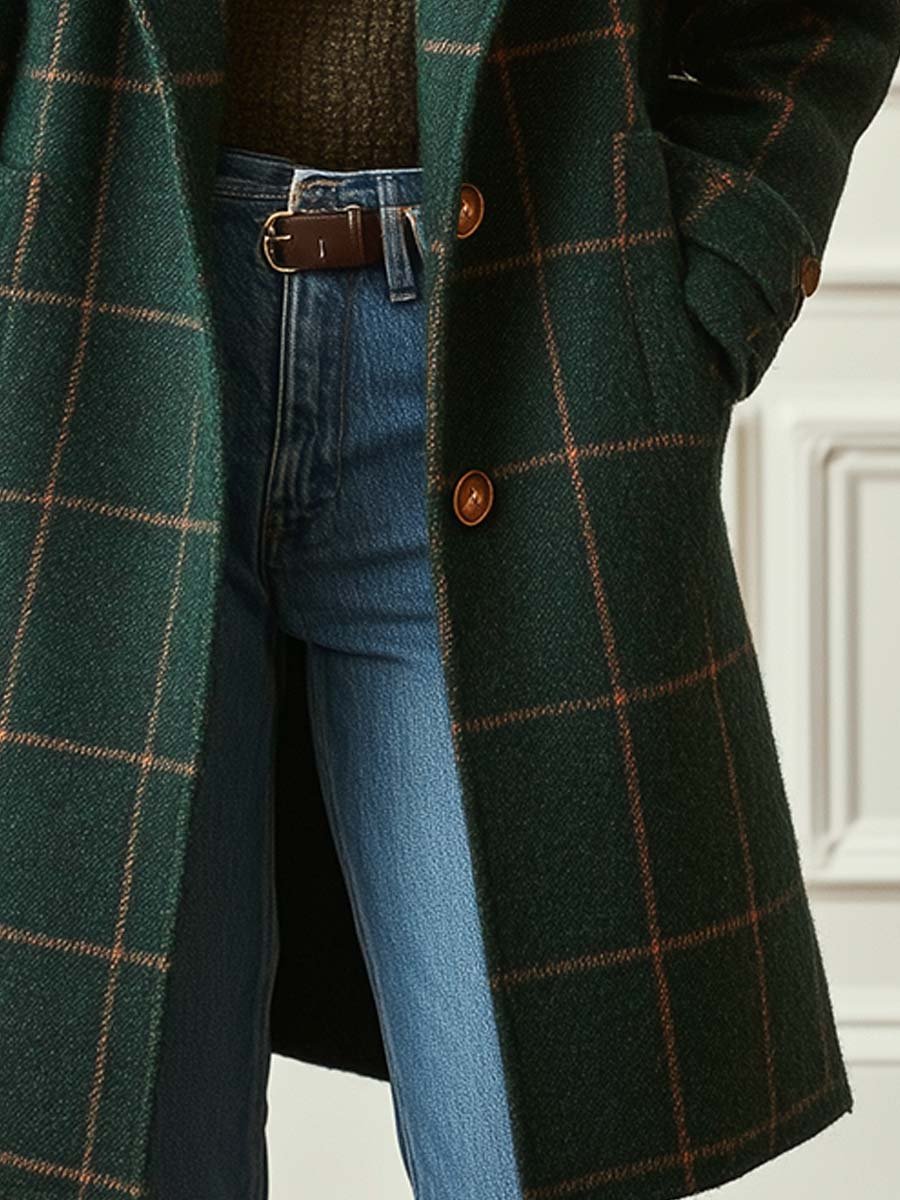 Jessica women's plaid button-front coat by Jesie-London, showing a stylish coat with a classic plaid pattern and front button closure.