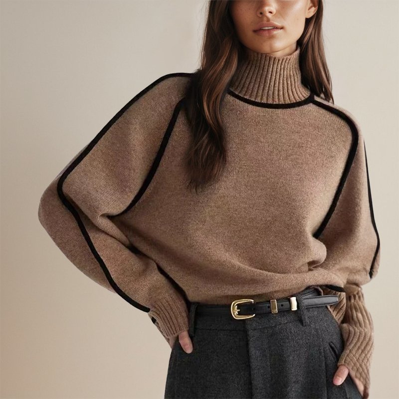 Women’s winter color block turtleneck sweater by Jesie-London, featuring cozy knit fabric and vibrant multi-color design.