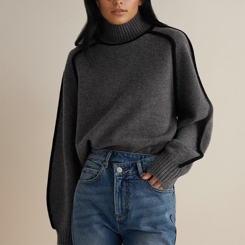 Women’s winter color block turtleneck sweater by Jesie-London featuring cozy, stylish knit with bold color blocks.