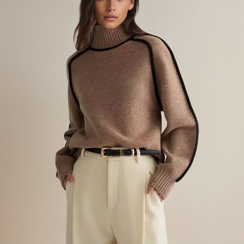 Women’s winter color block turtleneck sweater by Jesie-London, featuring cozy knit and vibrant contrasting sections.