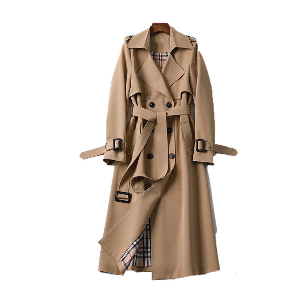 Emily women's double-breasted belted trench coat by Jesie-London, shown in beige with classic lapels and waist belt.