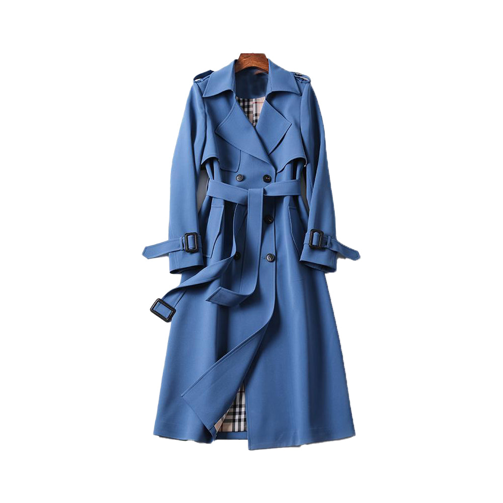 Jesie-London Emily women's double-breasted belted trench coat hanging on a wooden hanger. Classic beige trench with collar and belt.