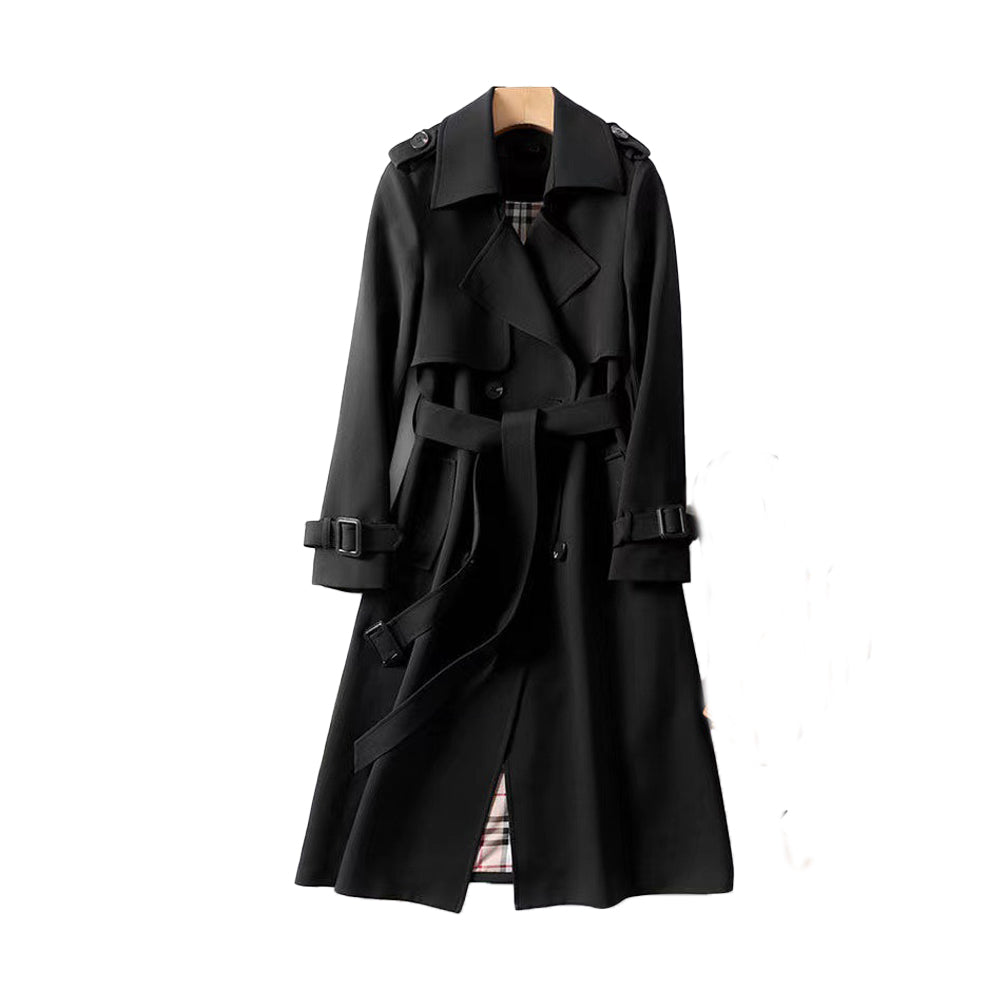 Emily women's double-breasted belted trench coat by Jesie-London, shown in a stylish beige color with classic lapels and a waist belt.