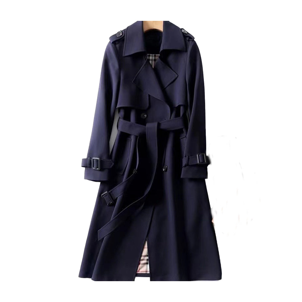 Emily women's double-breasted belted trench coat by Jesie-London, shown in a stylish beige color with lapel collar and waist belt.