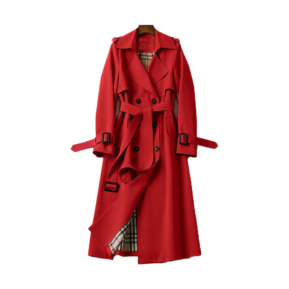 Emily women's double-breasted belted trench coat by Jesie-London, shown in classic beige with lapels and waist belt.
