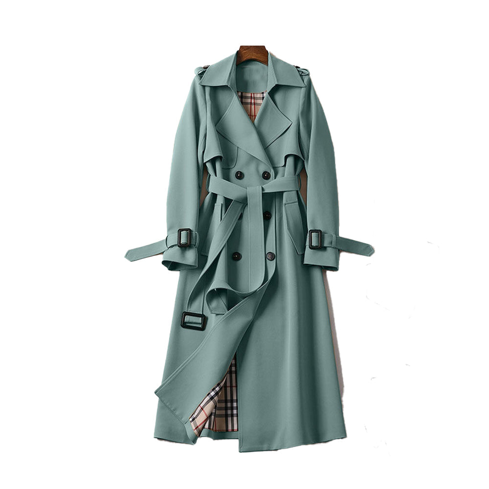 Emily women's double-breasted belted trench coat by Jesie-London, shown in beige with classic collar and waist belt.