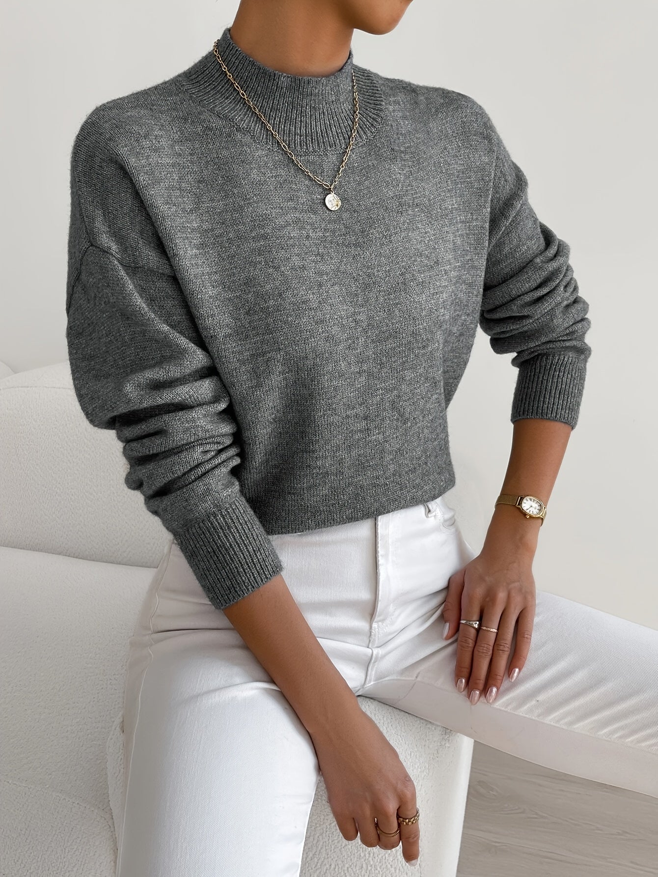 Women’s spring mock neck sweater by Jesie-London, Emily, in soft knit fabric, shown in a comfortable, stylish fit.