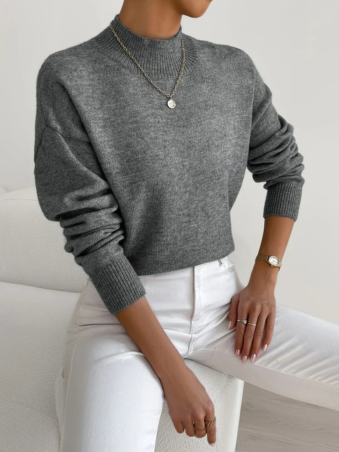 Jesie-London Bethany women's long sleeve pullover sweater top in cozy, elegant knit with a relaxed fit and ribbed cuffs.